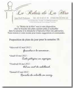 Les plats à emporter du Relais de la Hire